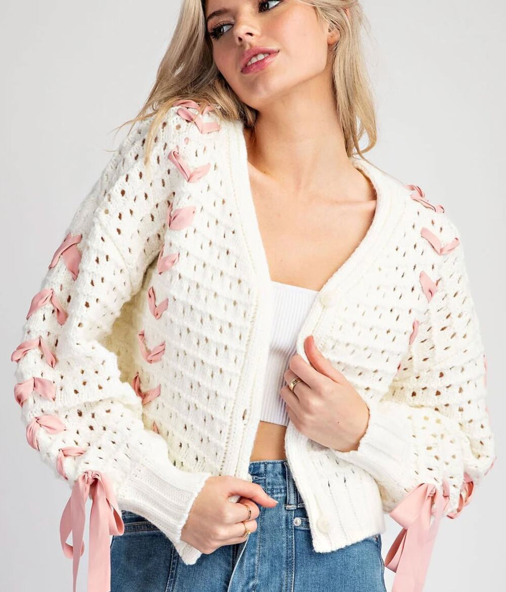 Eesome White Lace Crochet Cardigan Sweater Womens S Pink Ribbon NEW Boho